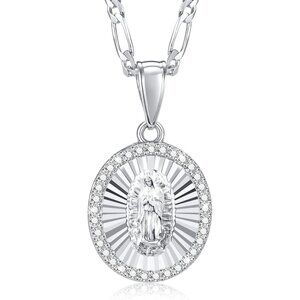 Catholic Virgin Mary Necklace 14K Silver Round Zirconia Guadalupe Pendant Women